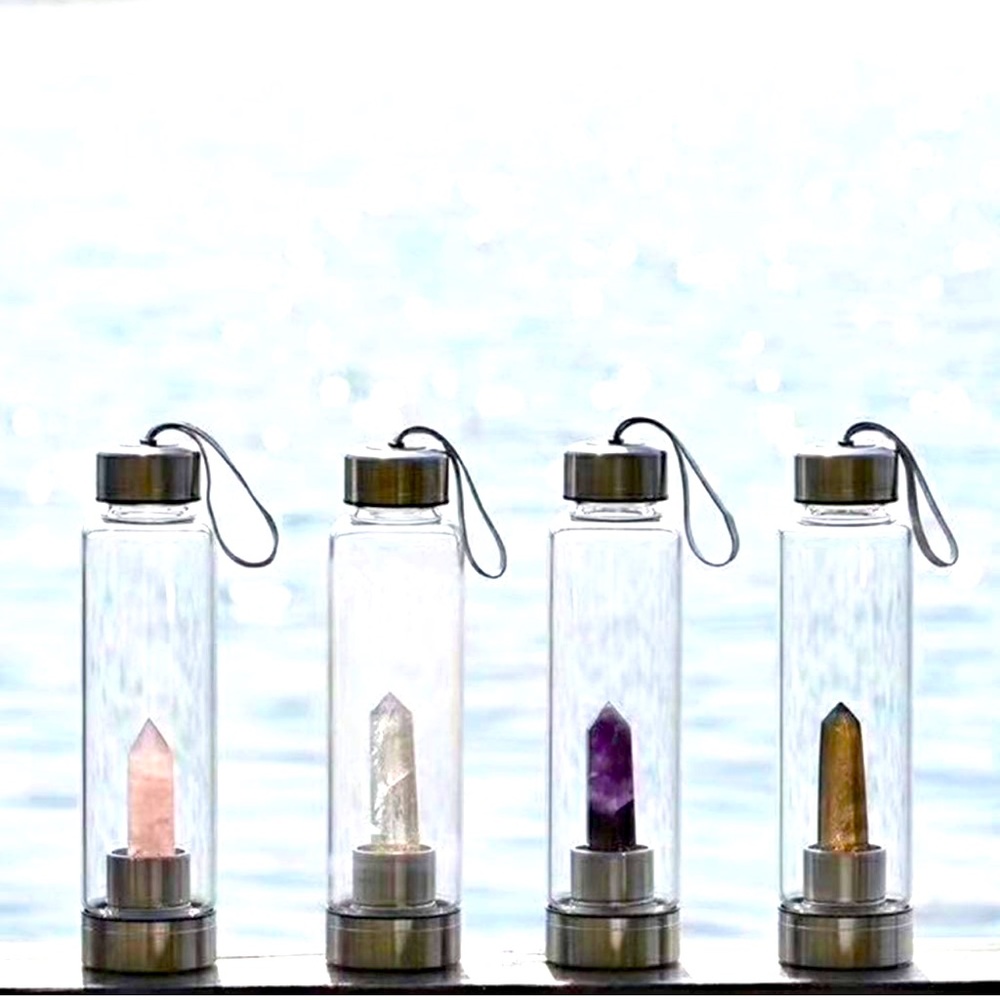 Crystal Glass Water/Tea Bottle with Gemstone Center Crystal Elixir Gemstones